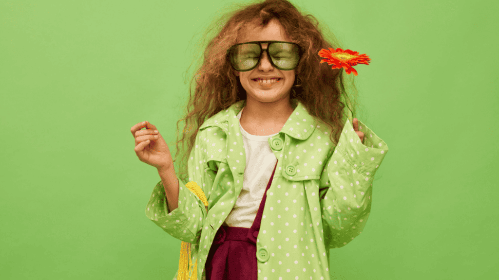 strange weird kid girlhappy smiling glasses flower green