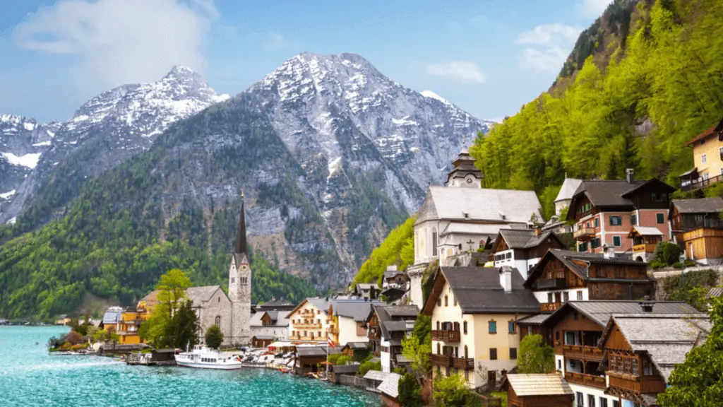 Austrian fairy tail town mountains lake europe