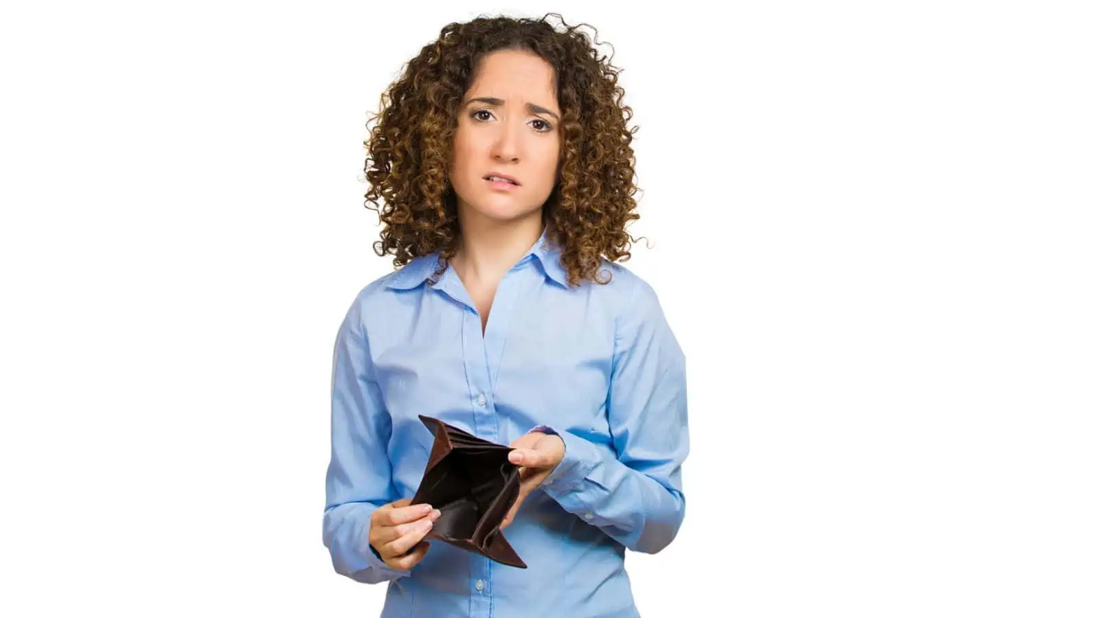 Broke poor woman with empty wallet isolated in white