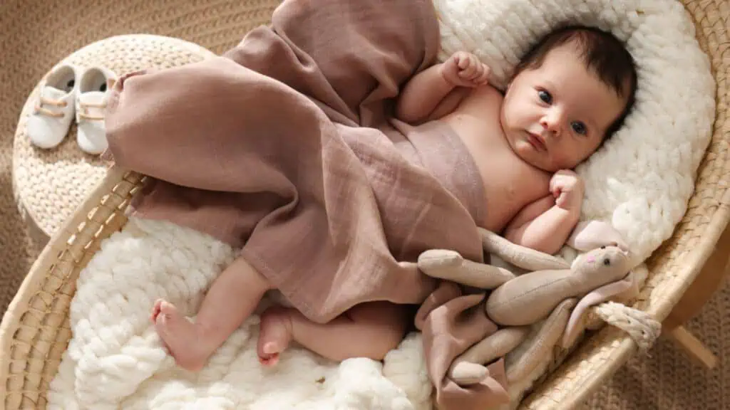 Cute newborn baby with toy bunny lying in cradle at home