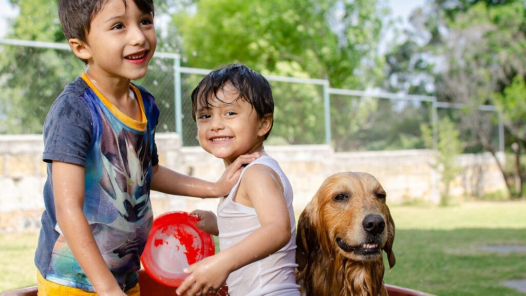 Happy kids having a shower together with their cute golden retriever in the garden