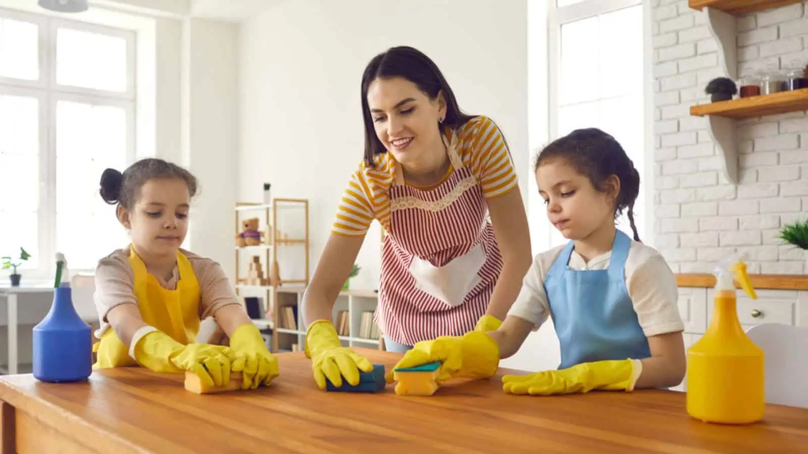 Happy little daughters helping their mom wash the table with sponges
