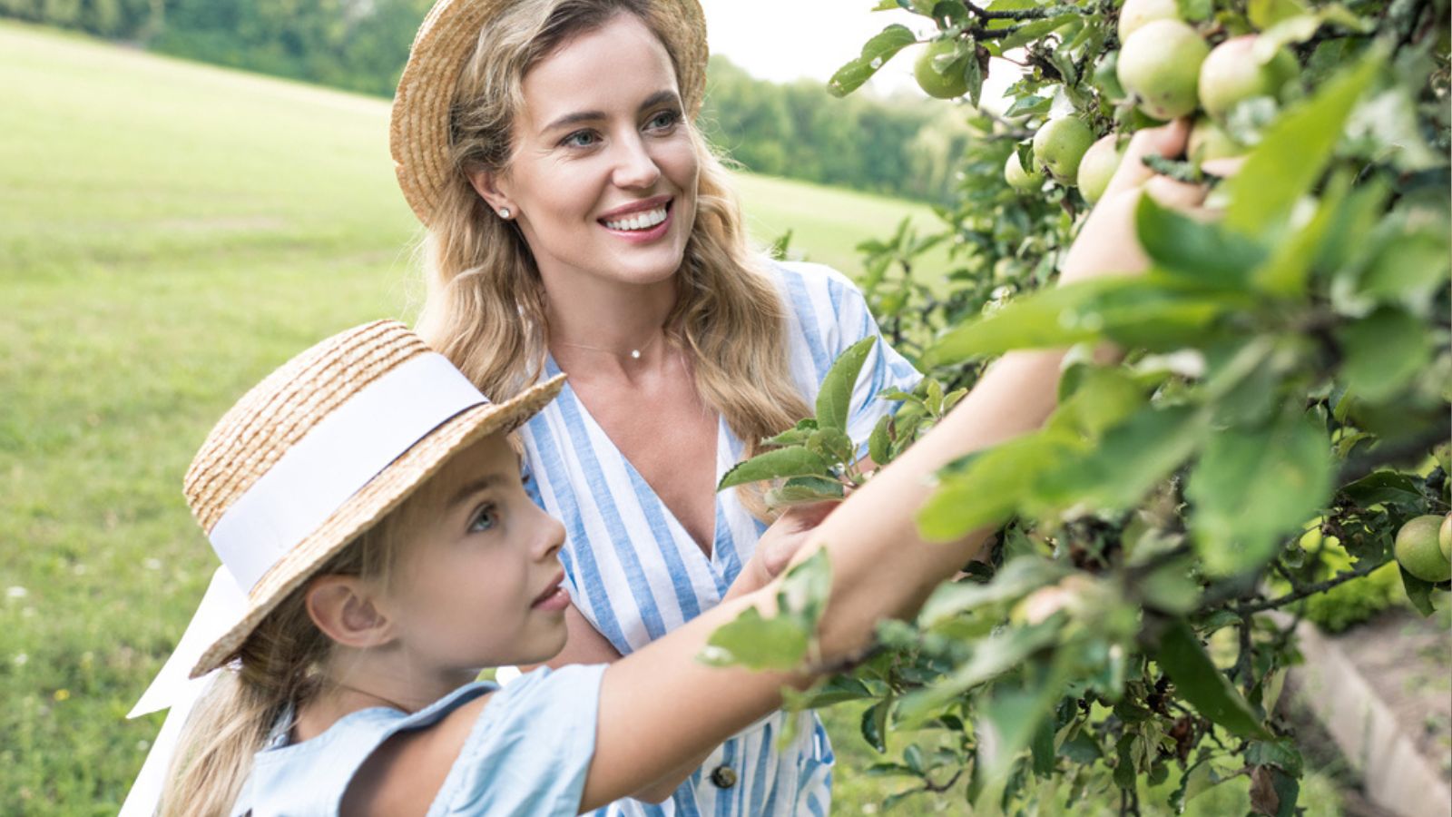 Happy mother and daughter picking apples together
