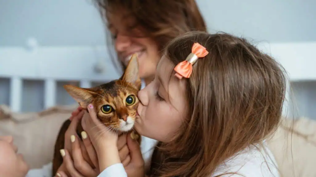 Happy mother and daughter smiling hugs in bed with a cat