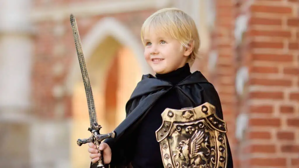 Portrait of a cute little boy dressed as a medieval knight with a sword and a shield