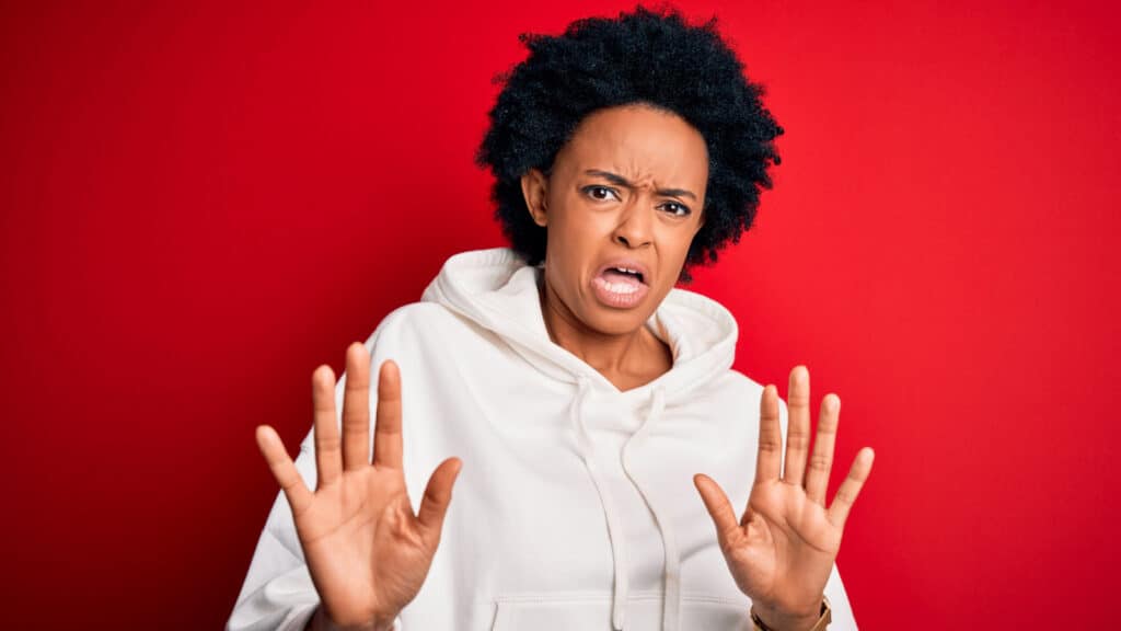 no way step back disgusted shocked woman in red