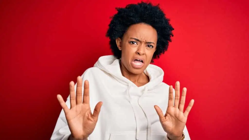 no way step back disgusted shocked woman in red