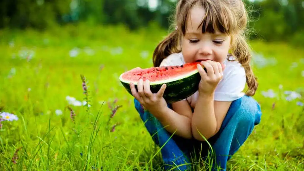 girl eating watermelon summertime grass happy