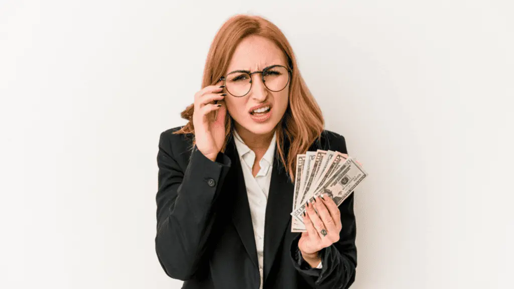 rich woman with money confused businesswoman