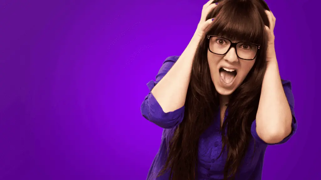 frustrated woman yelling glasses purple