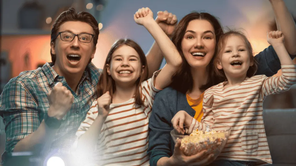 happy family movie night popcorn